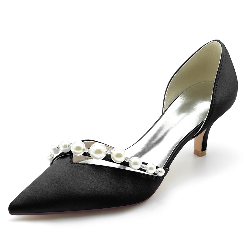 Point Toe Kitten Heel Silk Like Satin Wedding Shoes With Pearl
