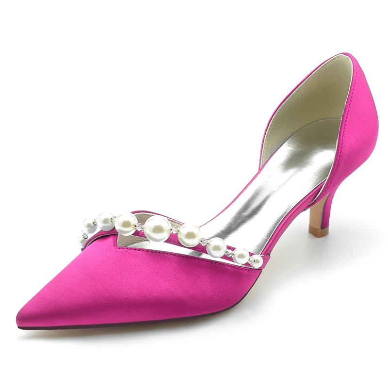 Point Toe Kitten Heel Silk Like Satin Wedding Shoes With Pearl