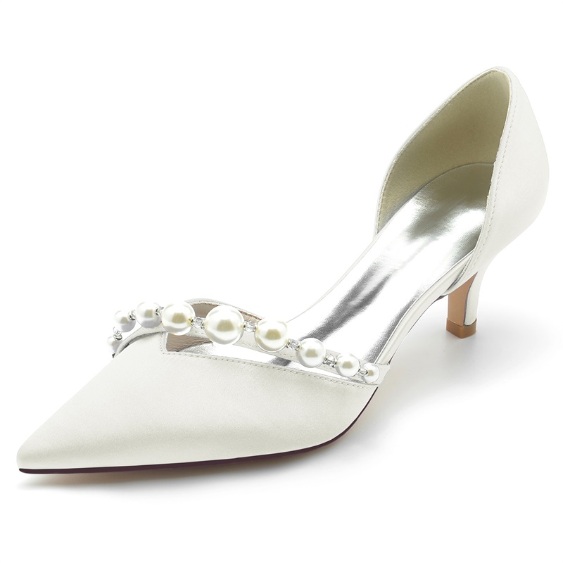 Point Toe Kitten Heel Silk Like Satin Wedding Shoes With Pearl