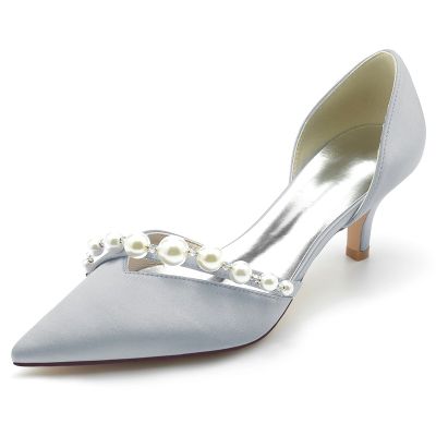 Point Toe Kitten Heel Silk Like Satin Wedding Shoes With Pearl