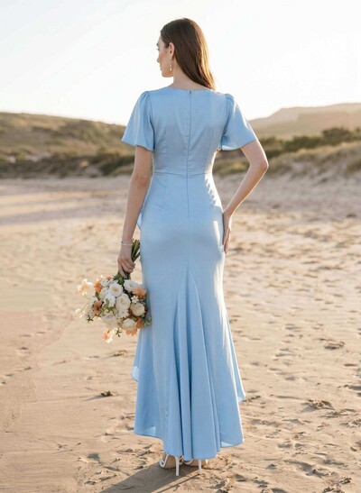 Sheath/Column V-Neck Short Sleeves Asymmetrical Satin Bridesmaid Dresses