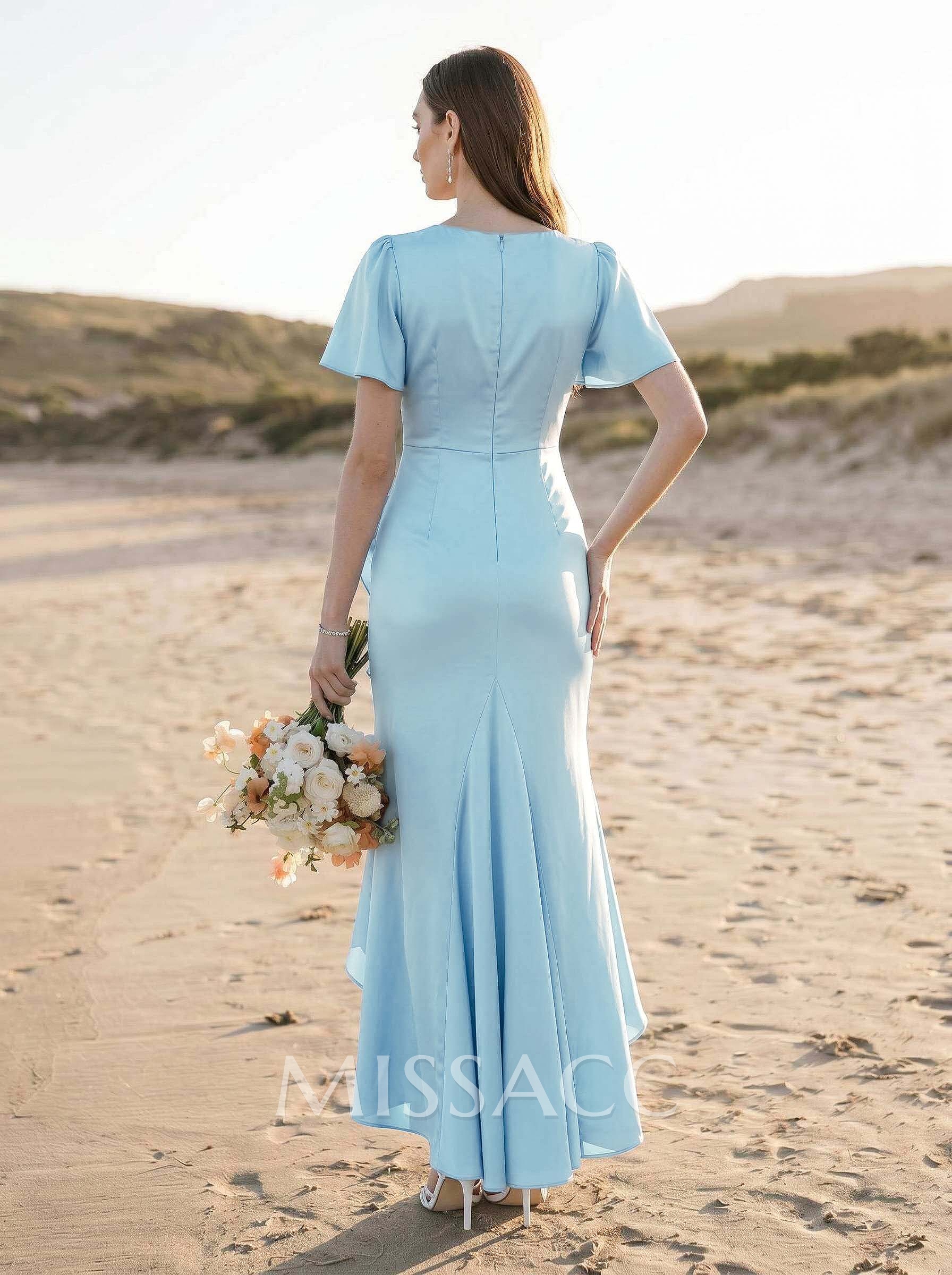 Sheath/Column V-Neck Short Sleeves Asymmetrical Stretch Satin Bridesmaid Dresses Sheath/Column V-Neck Short Sleeves Asymmetrical Stretch Satin Bridesmaid Dresses