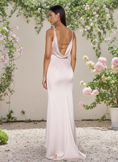 Cowl Neck Sleeveless Sweep Train Charmeuse Bridesmaid Dresses