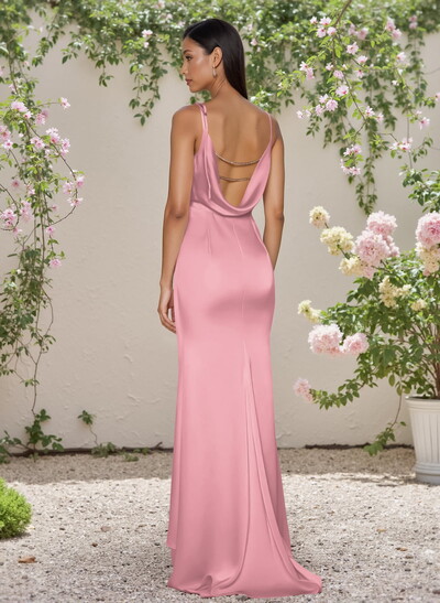 Cowl Neck Sleeveless Sweep Train Silk Like Satin Bridesmaid Dresses
