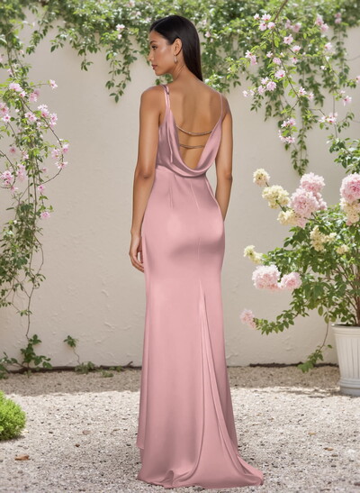 Cowl Neck Sleeveless Sweep Train Silk Like Satin Bridesmaid Dresses
