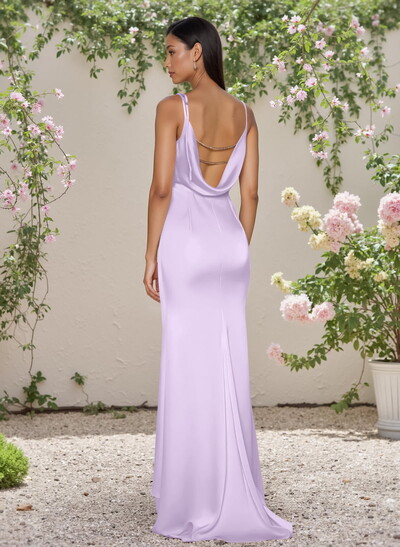 Cowl Neck Sleeveless Sweep Train Silk Like Satin Bridesmaid Dresses