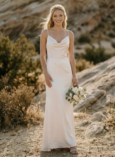 Cowl Neck Sleeveless Sweep Train Silk Like Satin Bridesmaid Dresses