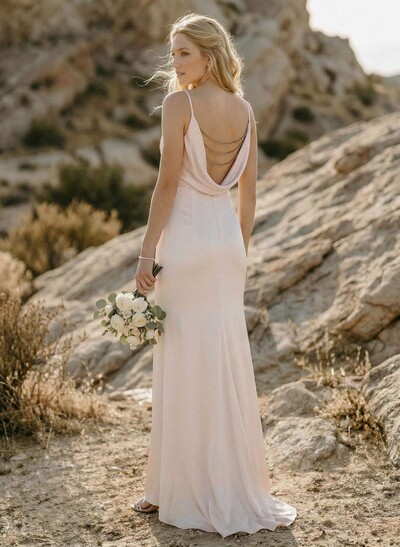 Cowl Neck Sleeveless Sweep Train Silk Like Satin Bridesmaid Dresses