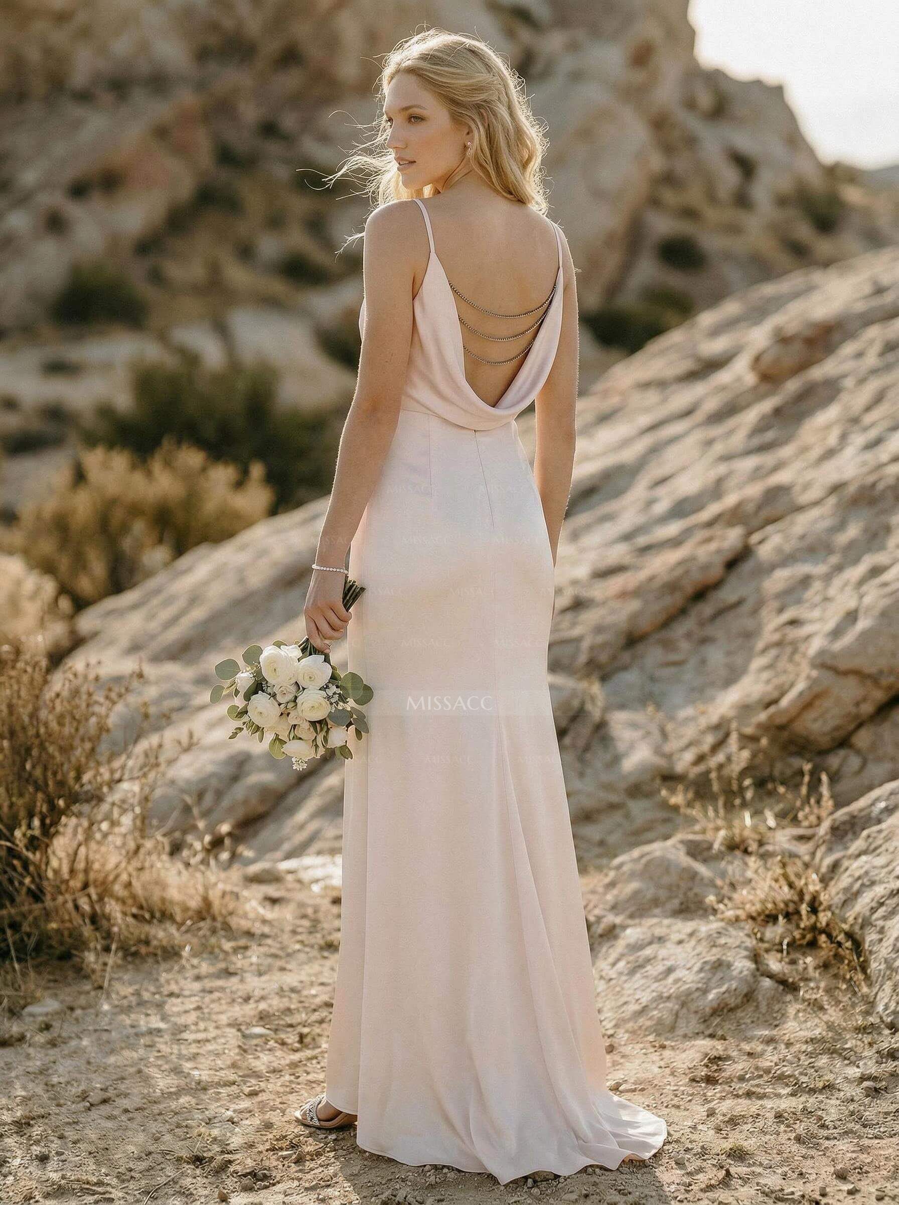 Cowl Neck Sleeveless Sweep Train Silk Like Satin Bridesmaid Dresses