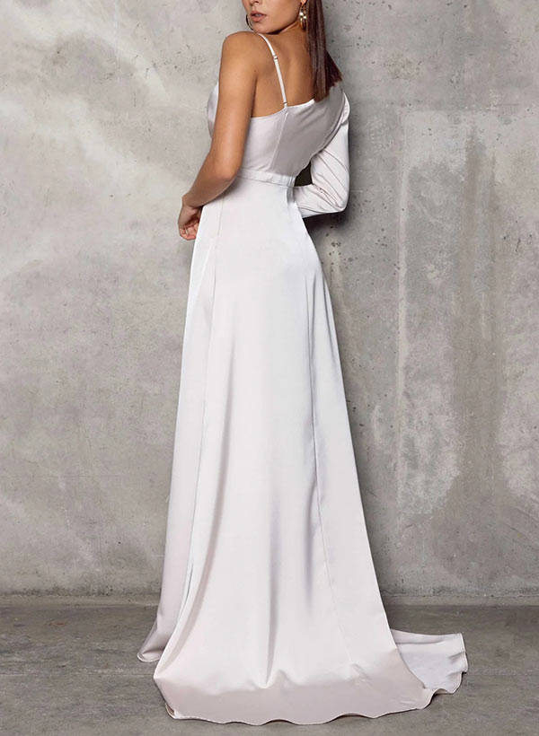 A-Line One-Shoulder Long Sleeves Sweep Train Charmeuse Bridesmaid Dresses