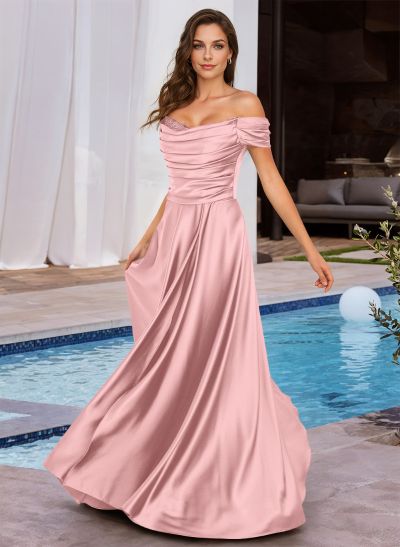 A-Line Off-The-Shoulder Sleeveless Floor-Length Charmeuse Bridesmaid Dresses With Beading