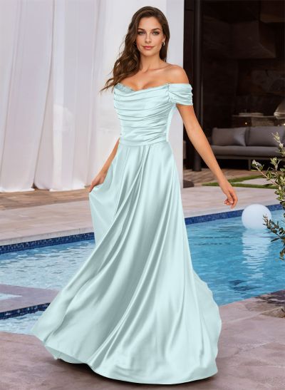 A-Line Off-The-Shoulder Sleeveless Floor-Length Charmeuse Bridesmaid Dresses With Beading