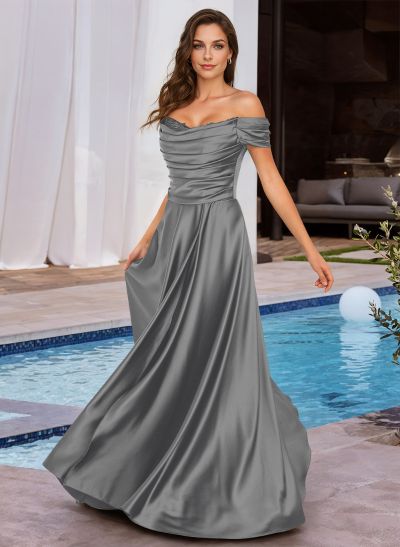 A-Line Off-The-Shoulder Sleeveless Floor-Length Charmeuse Bridesmaid Dresses With Beading
