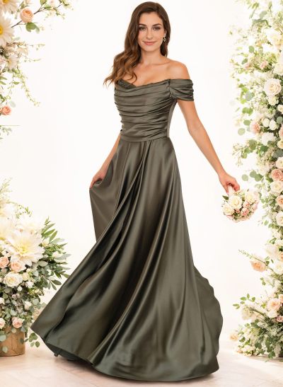 A-Line Off-The-Shoulder Sleeveless Floor-Length Charmeuse Bridesmaid Dresses With Beading