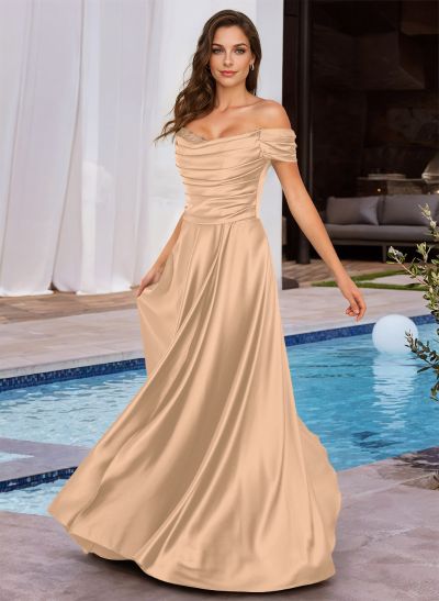A-Line Off-The-Shoulder Sleeveless Floor-Length Charmeuse Bridesmaid Dresses With Beading