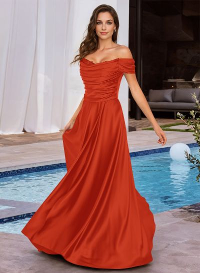 A-Line Off-The-Shoulder Sleeveless Floor-Length Charmeuse Bridesmaid Dresses With Beading