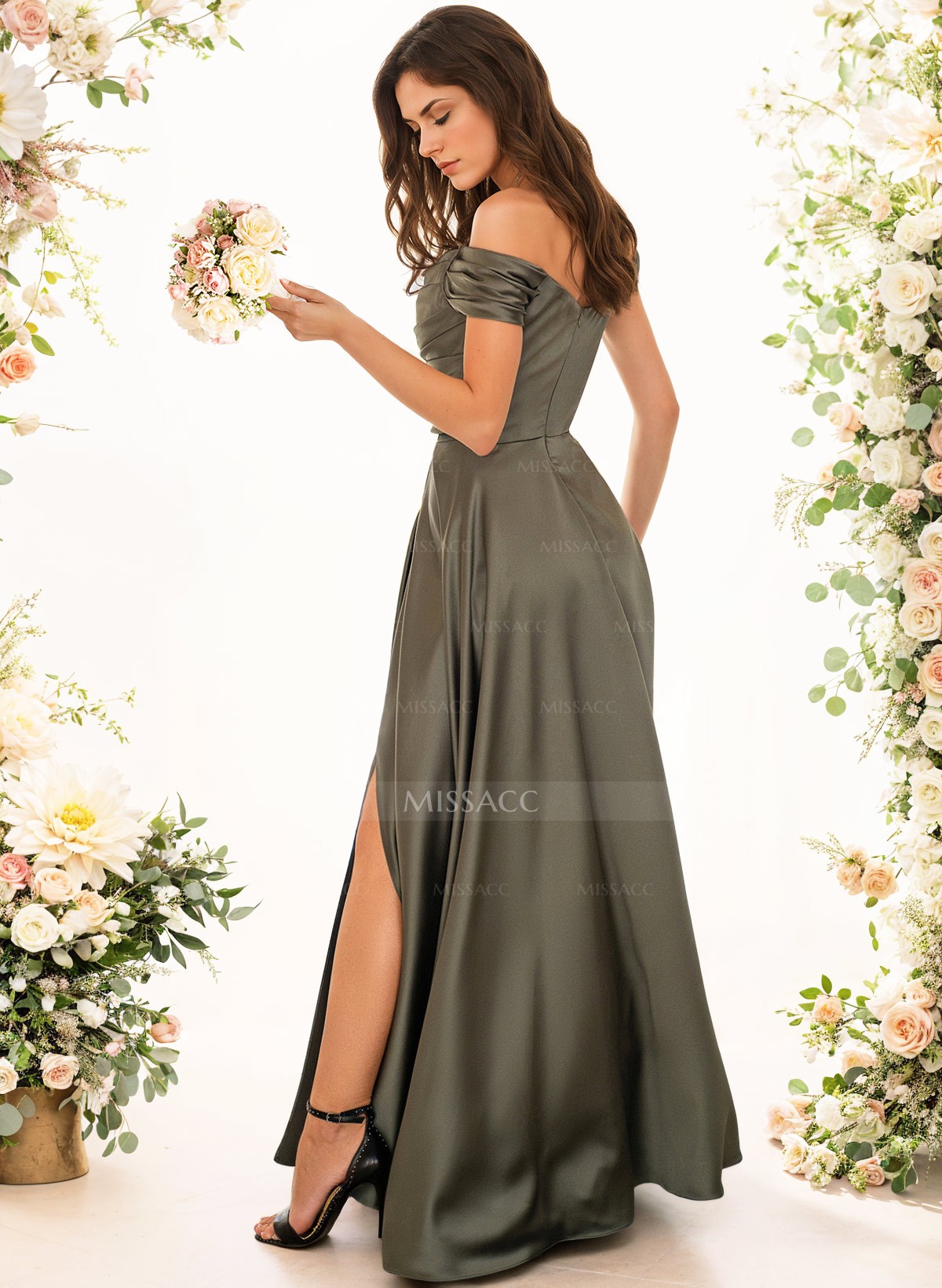 A-Line Off-The-Shoulder Sleeveless Floor-Length Charmeuse Bridesmaid Dresses With Beading