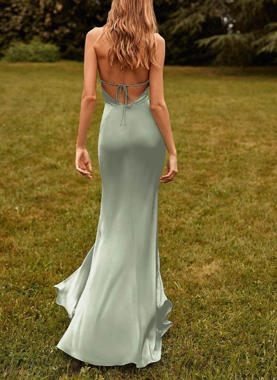 Trumpet/Mermaid Halter Sleeveless Floor-Length Silk Like Satin Bridesmaid Dresses