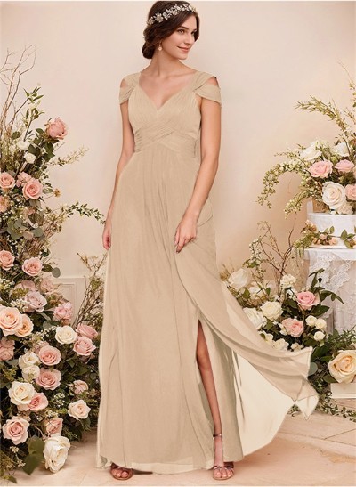 V-Neck Sleeveless Floor-Length Chiffon Bridesmaid Dresses With Split Front