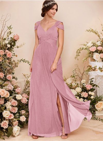 V-Neck Sleeveless Floor-Length Chiffon Bridesmaid Dresses With Split Front