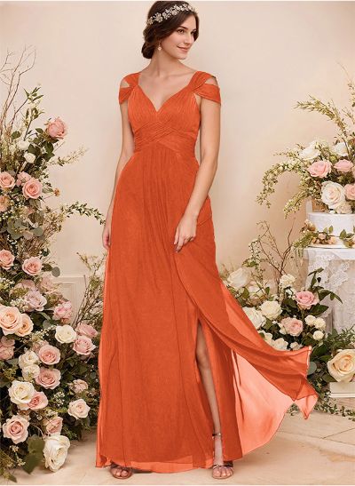 V-Neck Sleeveless Floor-Length Chiffon Bridesmaid Dresses With Split Front