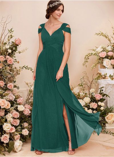 V-Neck Sleeveless Floor-Length Chiffon Bridesmaid Dresses With Split Front