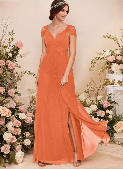 V-Neck Sleeveless Floor-Length Chiffon Bridesmaid Dresses With Split Front