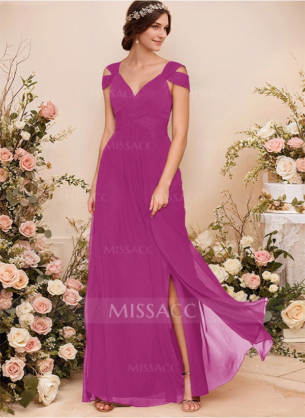 V-Neck Sleeveless Floor-Length Chiffon Bridesmaid Dresses With Split Front