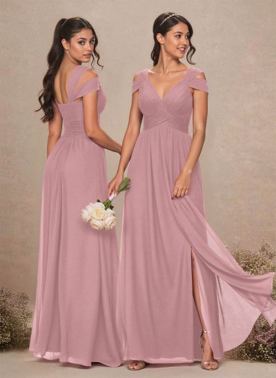 V-Neck Sleeveless Floor-Length Chiffon Bridesmaid Dresses With Split Front