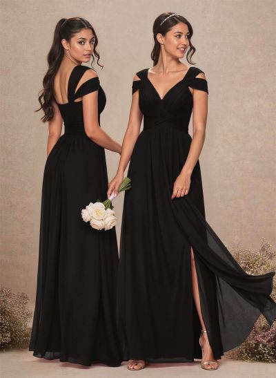 V-Neck Sleeveless Floor-Length Chiffon Bridesmaid Dresses With Split Front