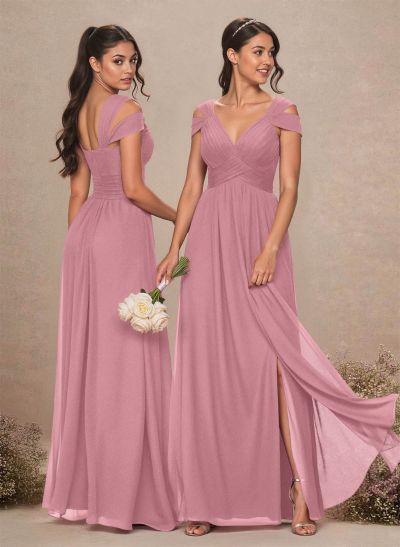 V-Neck Sleeveless Floor-Length Chiffon Bridesmaid Dresses With Split Front