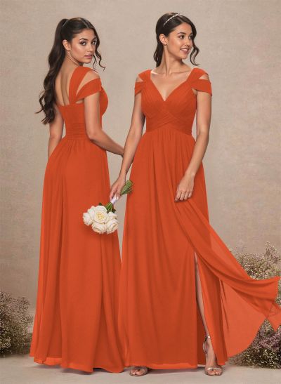 V-Neck Sleeveless Floor-Length Chiffon Bridesmaid Dresses With Split Front