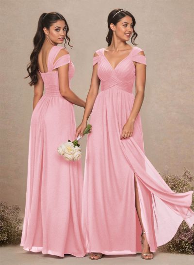 V-Neck Sleeveless Floor-Length Chiffon Bridesmaid Dresses With Split Front