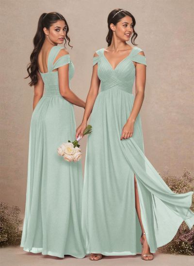 V-Neck Sleeveless Floor-Length Chiffon Bridesmaid Dresses With Split Front