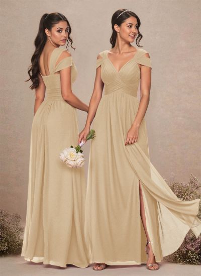 V-Neck Sleeveless Floor-Length Chiffon Bridesmaid Dresses With Split Front