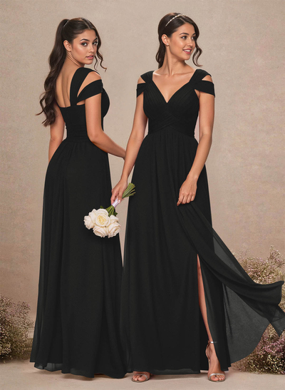 V-Neck Sleeveless Floor-Length Chiffon Bridesmaid Dresses With Split Front