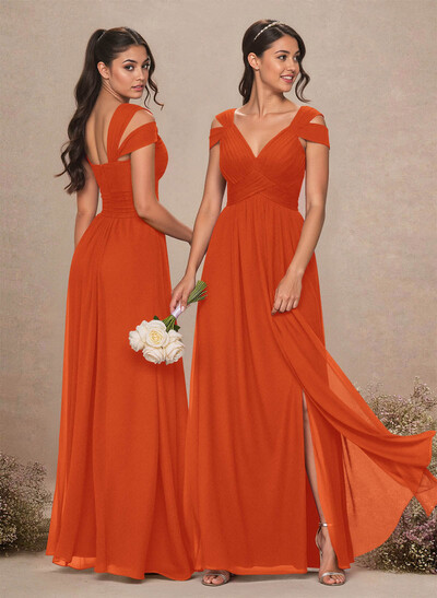 V-Neck Sleeveless Floor-Length Chiffon Bridesmaid Dresses With Split Front