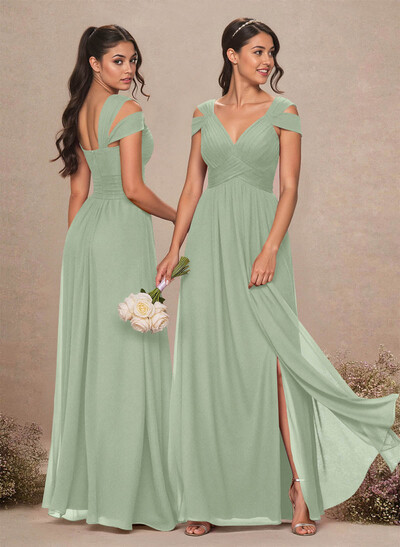 V-Neck Sleeveless Floor-Length Chiffon Bridesmaid Dresses With Split Front