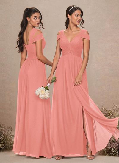 V-Neck Sleeveless Floor-Length Chiffon Bridesmaid Dresses With Split Front
