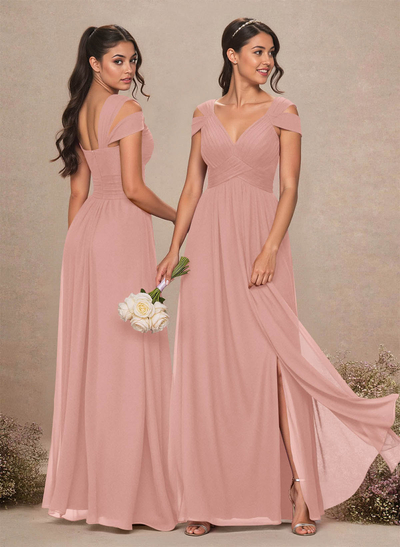 V-Neck Sleeveless Floor-Length Chiffon Bridesmaid Dresses With Split Front