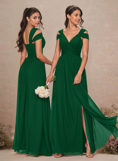 V-Neck Sleeveless Floor-Length Chiffon Bridesmaid Dresses With Split Front