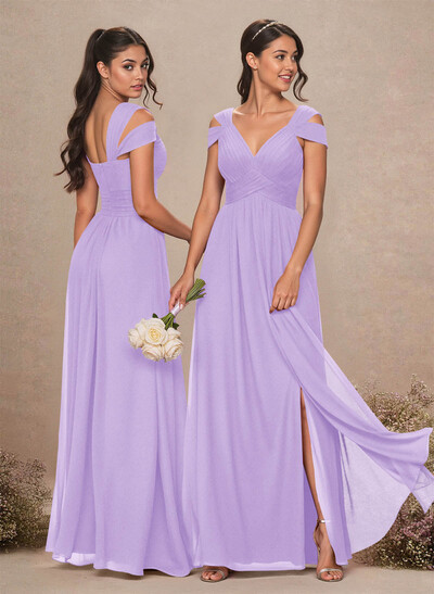 V-Neck Sleeveless Floor-Length Chiffon Bridesmaid Dresses With Split Front