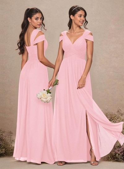 V-Neck Sleeveless Floor-Length Chiffon Bridesmaid Dresses With Split Front