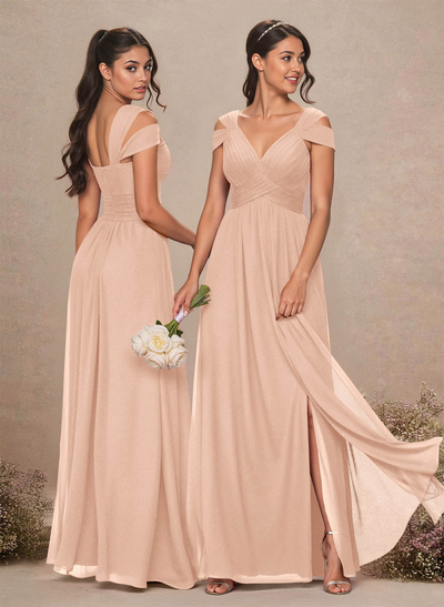 V-Neck Sleeveless Floor-Length Chiffon Bridesmaid Dresses With Split Front