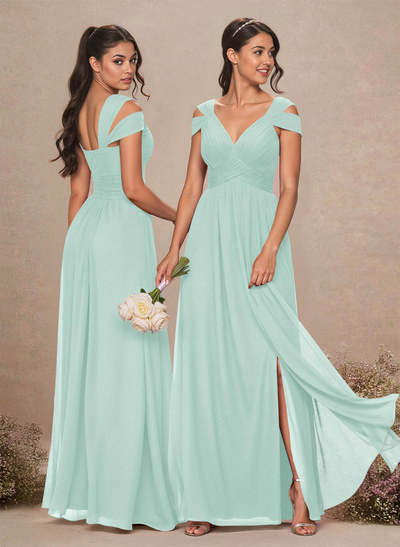 V-Neck Sleeveless Floor-Length Chiffon Bridesmaid Dresses With Split Front