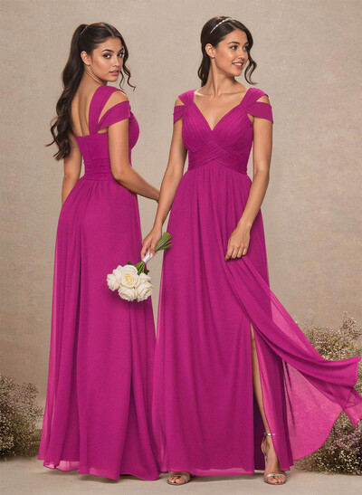 V-Neck Sleeveless Floor-Length Chiffon Bridesmaid Dresses With Split Front