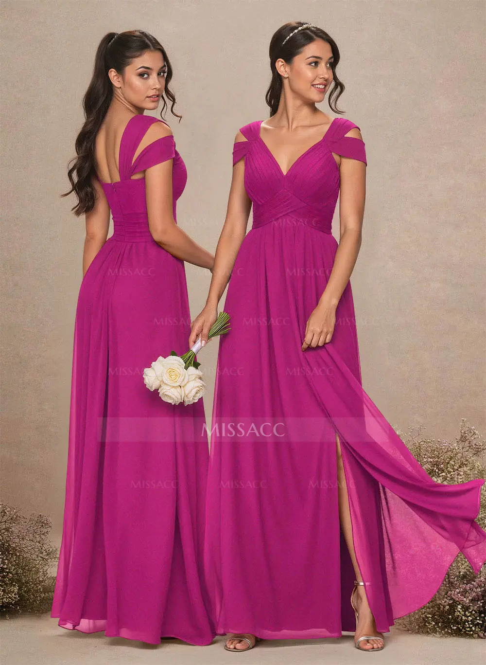 V-Neck Sleeveless Floor-Length Chiffon Bridesmaid Dresses With Split Front  - Missacc Germany