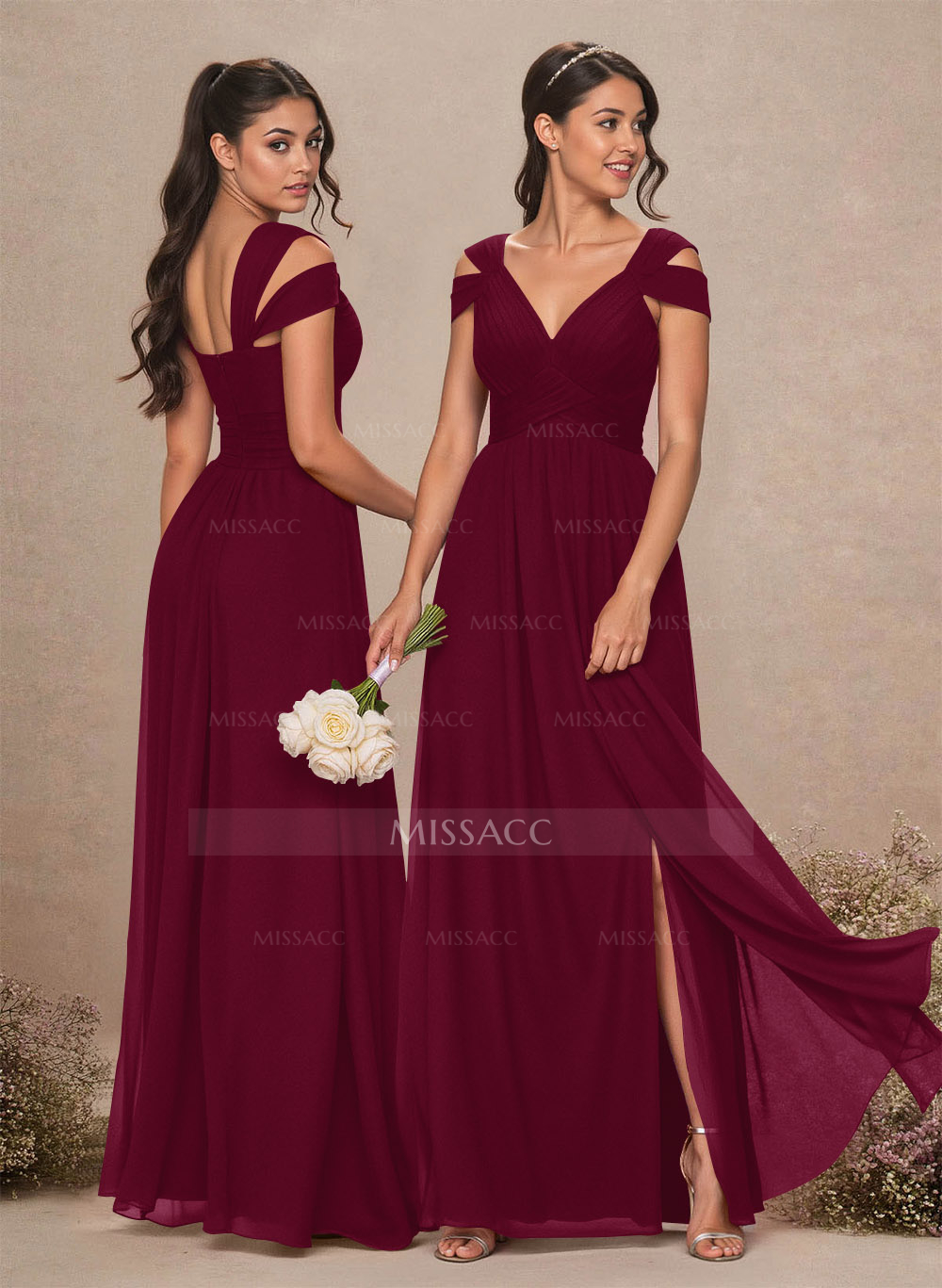 V-Neck Sleeveless Floor-Length Chiffon Bridesmaid Dresses With Split Front