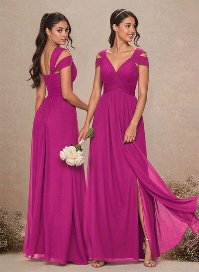 V-Neck Sleeveless Floor-Length Chiffon Bridesmaid Dresses With Split Front