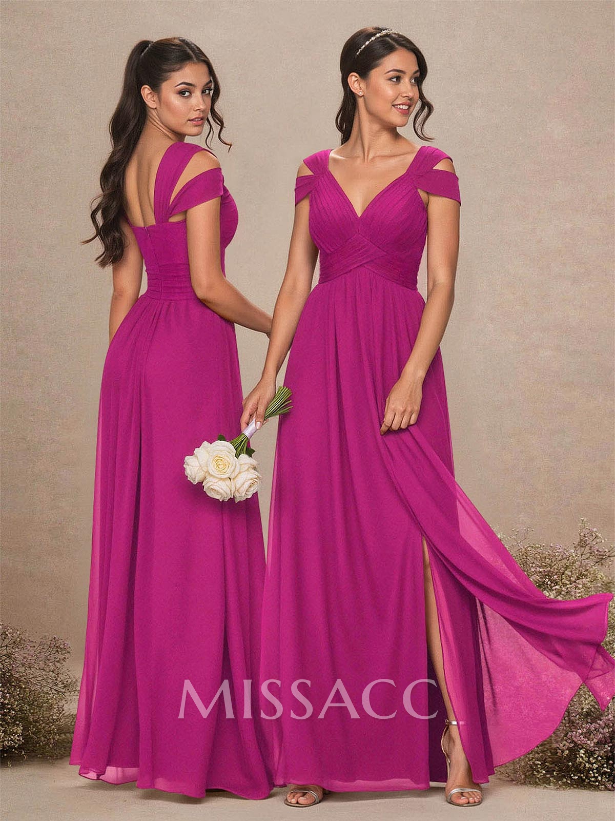 V-Neck Sleeveless Floor-Length Chiffon Bridesmaid Dresses With Split Front